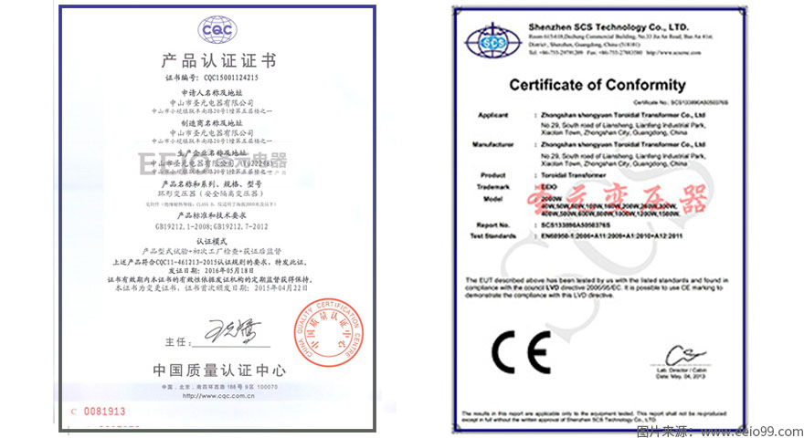 圣元口罩机变压器CE和CQC认证证书
